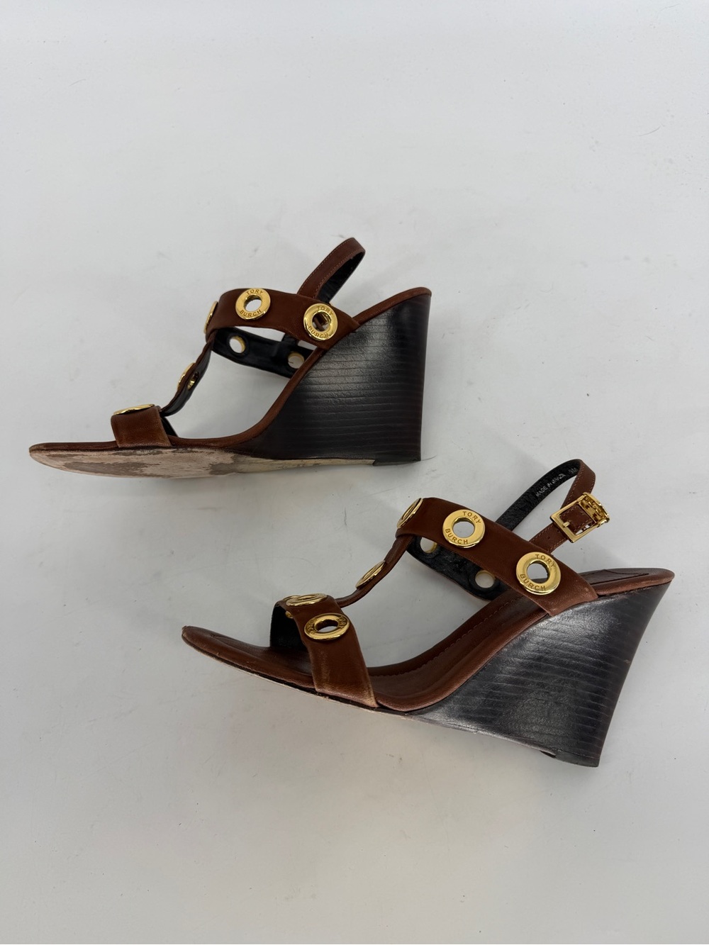 Tory Burch Kathryn Leather Rivet Wedge Sandals Size 9